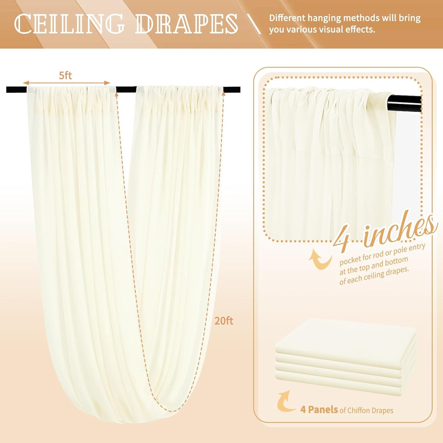 4 Panels Ivory Ceiling Drapes for Wedding 5ftx20ft Sheer Drapery Chiffon Fabric Arch Draping Curtains for Party Ceremony Birthday Baby Shower Reception Stage Ceiling Decorations
