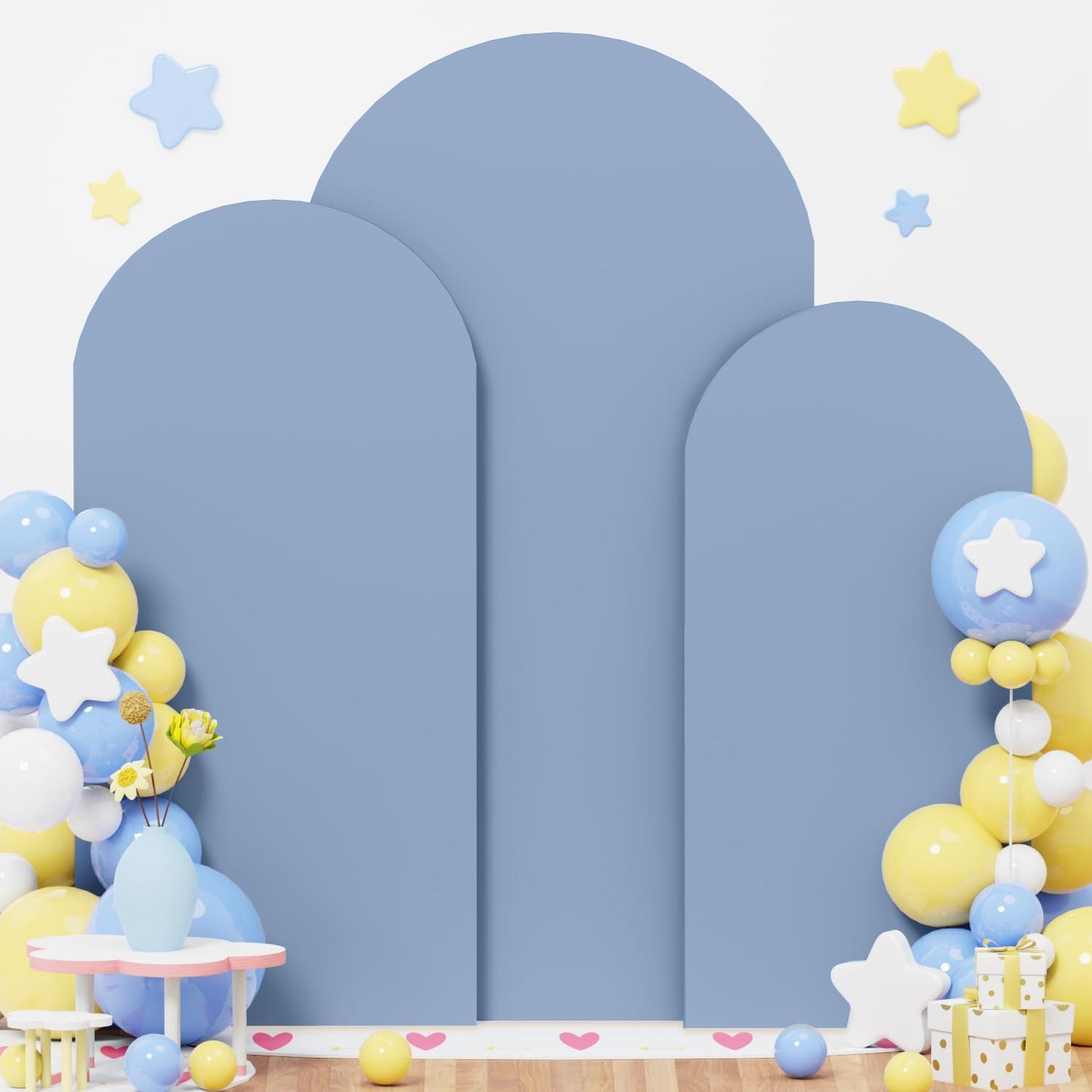 Arch Backdrop Stand and Cover Set of 3 6FT 6.6FT 7.2FT Dusty Blue Spandex Arch Backdrop Covers Set Metal Arch Frame Stand Balloon Arched Covers for Birthday Party Wedding Ceremony Reception