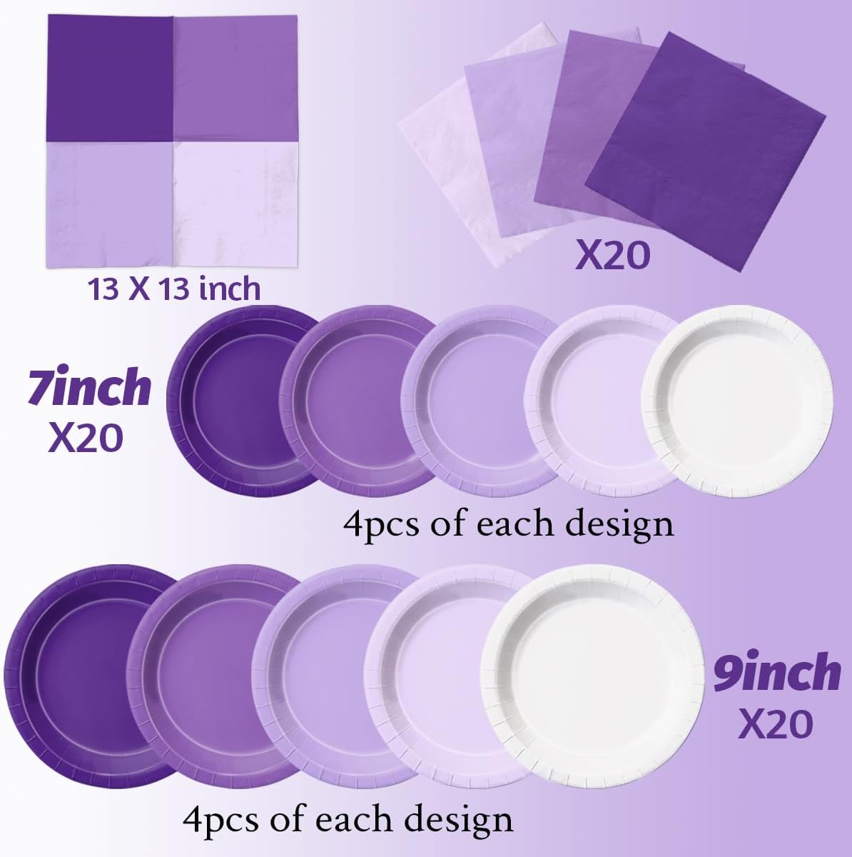 CMUSKO Lavender Party Supplies-60Pcs Purple Plates and Napkins Kit Gradient Light Purple Tableware for Birthday,Baby Shower,Wedding