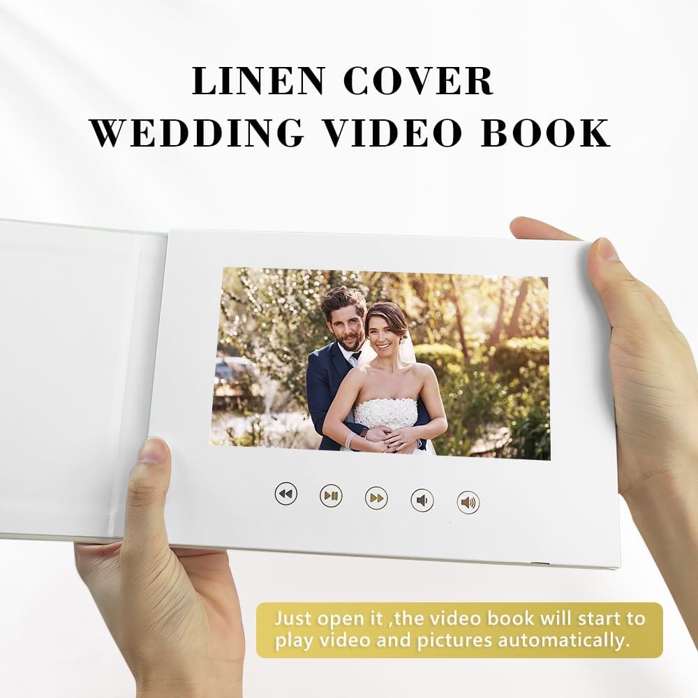 OUR WEDDING - GOLD FOIL Luxury Linen Bound Video Book Video Album Up to 2.5 hours of video, 7” IPS Display, 4GB of memory & Rechargeable Battery (OUR WEDING), White