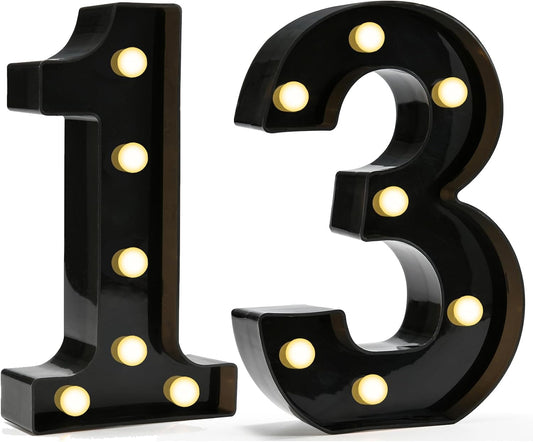 Pooqla Decorative Led Light Up Number Letters, Black Plastic Marquee Number Lights Sign for 13th Birthday Party Wedding Decor Battery Operated Black Number 13