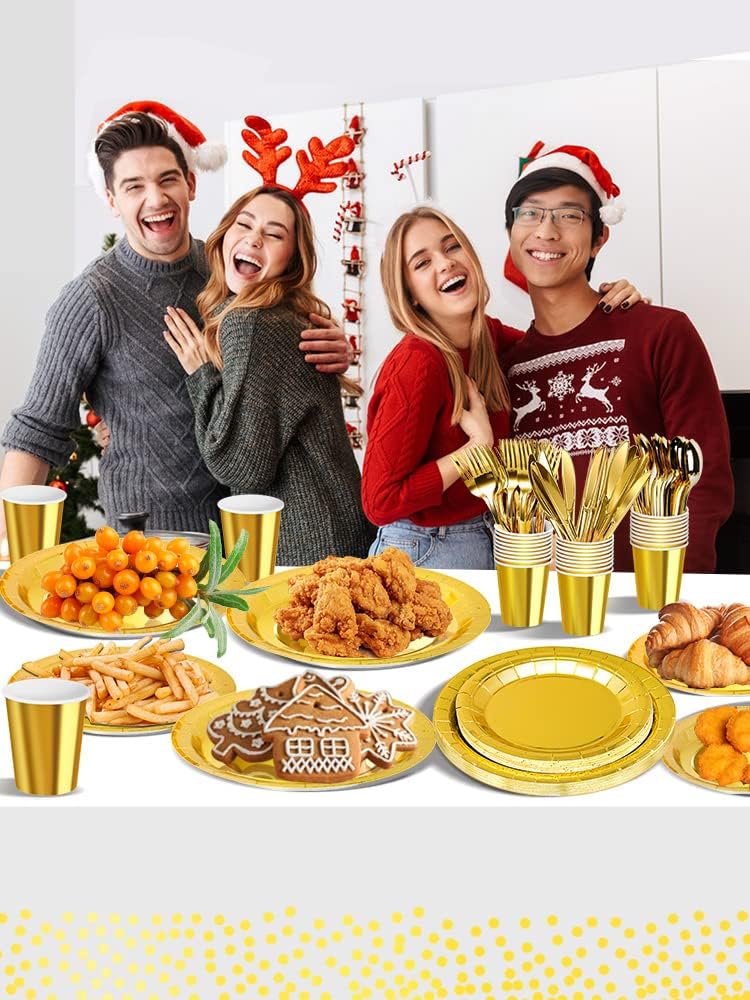 141 Pieces Gold Party Supplies, Party Dinnerware Sets Include Paper Plates Napkins Cups Silverware, for Wedding Bridal Shower Engagement Birthday Parties Decoration -20 Serves