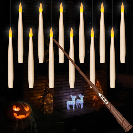 Leejec Floating Candles with Magic Wand Remote(6/18H Timer), 12pcs 6.1" Hanging Flameless Taper Candles, Battery Operated Flickering Warm Light, Halloween Christmas Gift, Wedding Party Decor (Ivory)