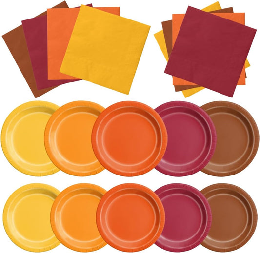 CMUSKO 60Pcs Fall Plates and Napkins-Red Orange Yellow Autumn Disposable Tableware for Fall Wedding, Bridal Shower, Thanksgiving