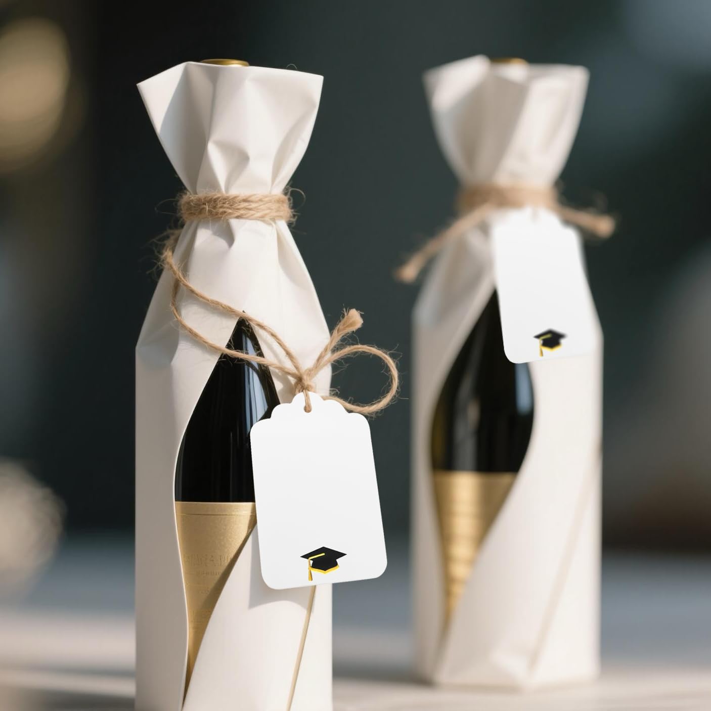 100Pcs Blank Gift Tags with String Foil Black Gold Grad Cap Large Paper Gift Tags with 65 Ft Jute Twine for Congratulations Graduation Congrats Grad Class of 2025 Party