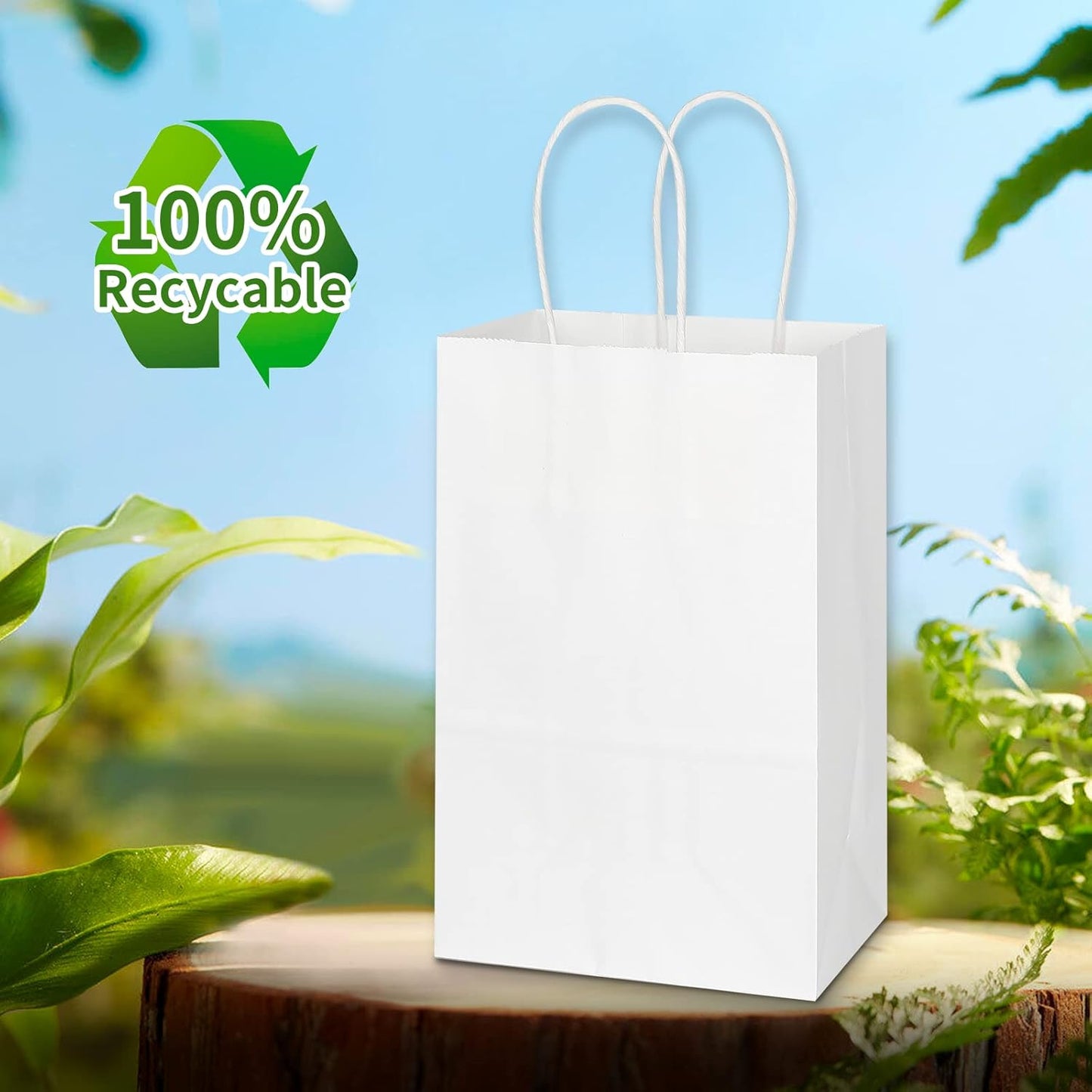 Toovip 50 Pack 5.25x3.25x8.25 Inch Small White Kraft Paper Bags with Handles Bulk, Gift Wrap Bags for Favor Grocery Retail Party Birthday Shopping Business Goody Craft Merchandise Take Out Cub Sacks