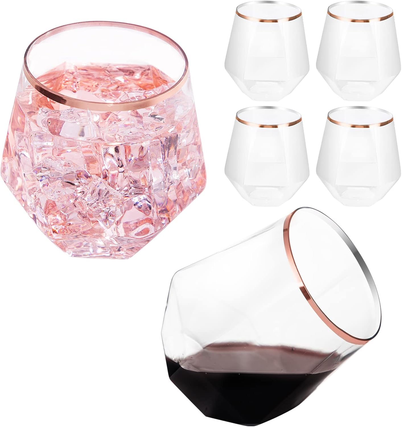 LUODA Rose Gold Diamond Shaped Plastic Stemless Wine Glasses Set of 24, Disposable 12 Oz Rose Gold Plastic Whiskey Glasses for Birthday, Housewarming and Weddings