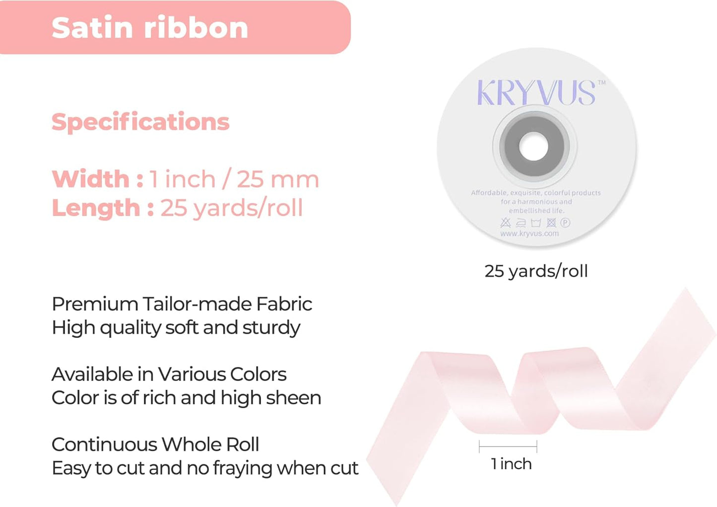 Baby Pink Satin Ribbon 1 inch X Continuous 25 Yards, Single Face Polyester Ribbon Perfect for Gift Wrapping, Flower Bouquet, Wedding Decor, Crafts, Bow Making, Sewing and More