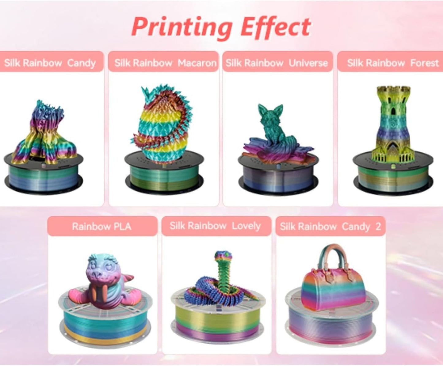 Kingroon Silk PLA Filament 1.75mm Rainbow Filament 3D Printer Filament Color Changing Filament 1kg Dimensional Accuracy ±0.03mm,Fit Most 3D Printers(7 Colors)