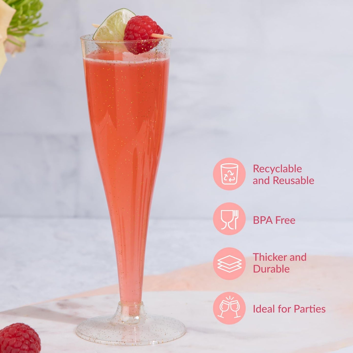 Prestee 200 Disposable Champagne Flutes Gold Glitter Glasses - 4.5 Oz Plastic Champagne Cups for Parties, Wedding Toasts, Mimosa Bar, and New Year’s Eve - Elegant Bulk Gold Plastic Wine Flutes