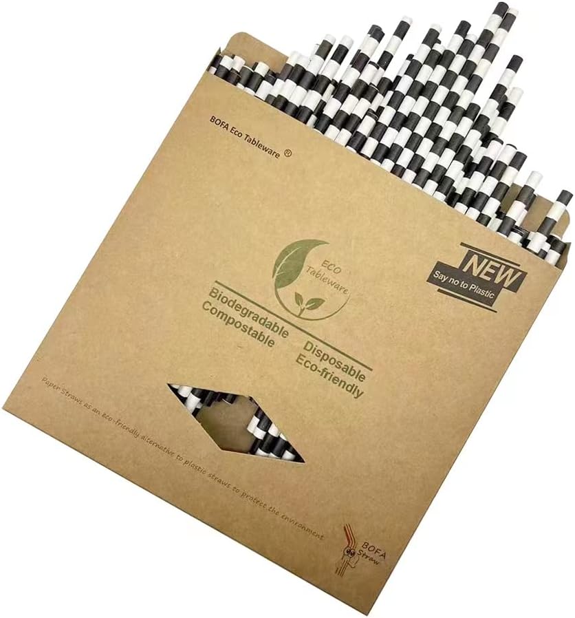 Biodegradable Black White Checkered Straws, 100 PCS Racing Car Straws Disposable Black Striped Paper Drinking Straw for Checkered Party Supplies, Treat Stick and Cake Pop Sticks