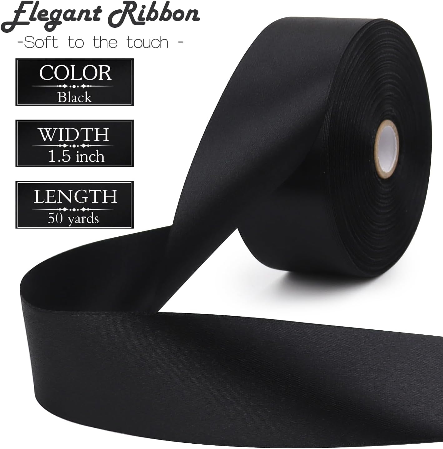 Black Solid Satin Ribbon 1-1/2 Inch 50 Yards Solid Polyester Fabric Ribbon for Gift Wrapping Wedding Christmas Baby Shower Birthday Party Decoration Handmade Immortal Flower Craft