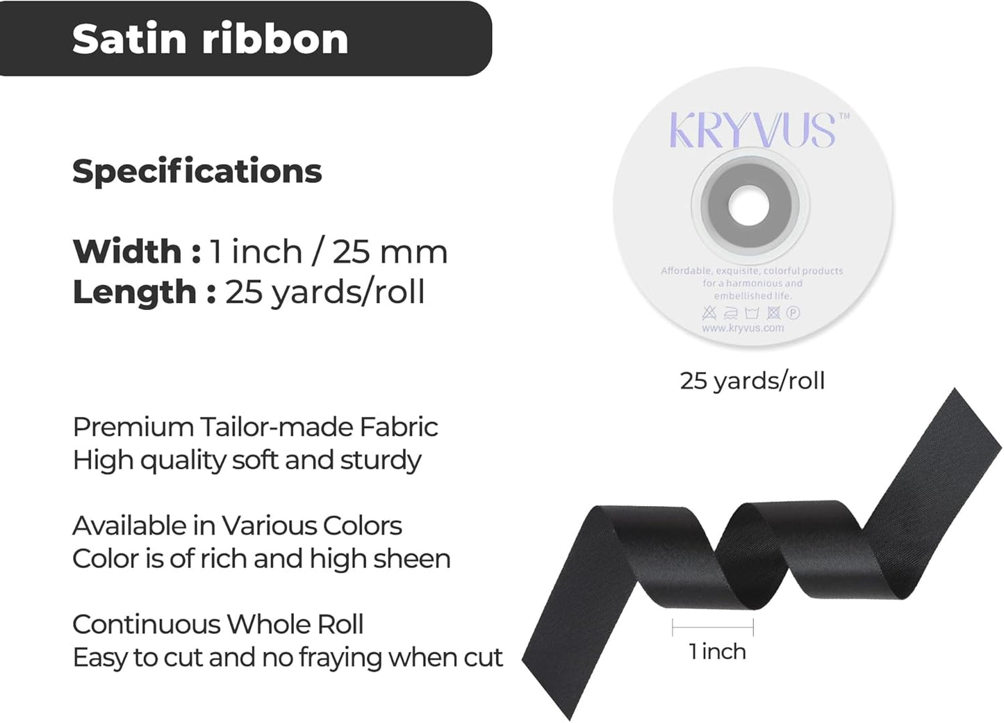 Black Satin Ribbon 1 inch X Continuous 25 Yards, Single Face Polyester Ribbon Perfect for Gift Wrapping, Flower Bouquet, Wedding Decor, Crafts, Bow Making, Sewing and More