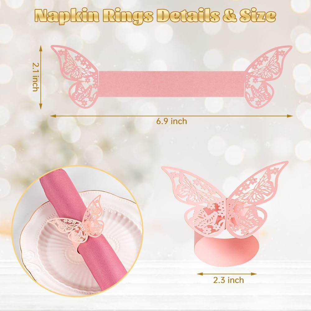 100 Pcs Napkin Rings Laser Cut Butterfly Shape Foil Paper Napkin Holder for Weddings Party Serviette Table Decoration Restaurant (Pink)