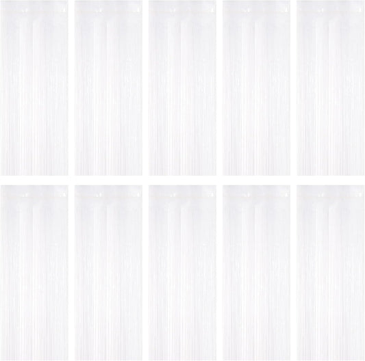 10 Pack White Foil Curtain Backdrop 3.2ft x 9.8ft Black Metallic Tinsel Foil Fringe Curtains Streamer Photo Booth Backdrop for Birthday Party Engagement Bachelorette Party Decorations (White)