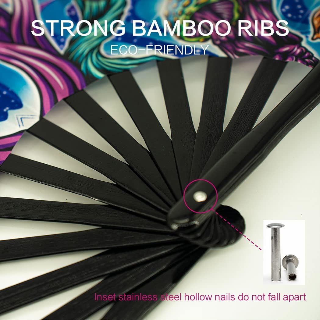 13" Large Rave Fan Bamboo, Folding Clack Hand Fans Foldable for Men Women, Boots on the Ground Poping Fan for EDM Festival Line Dance Decoration, (Magic Mushroom2, Large 13")