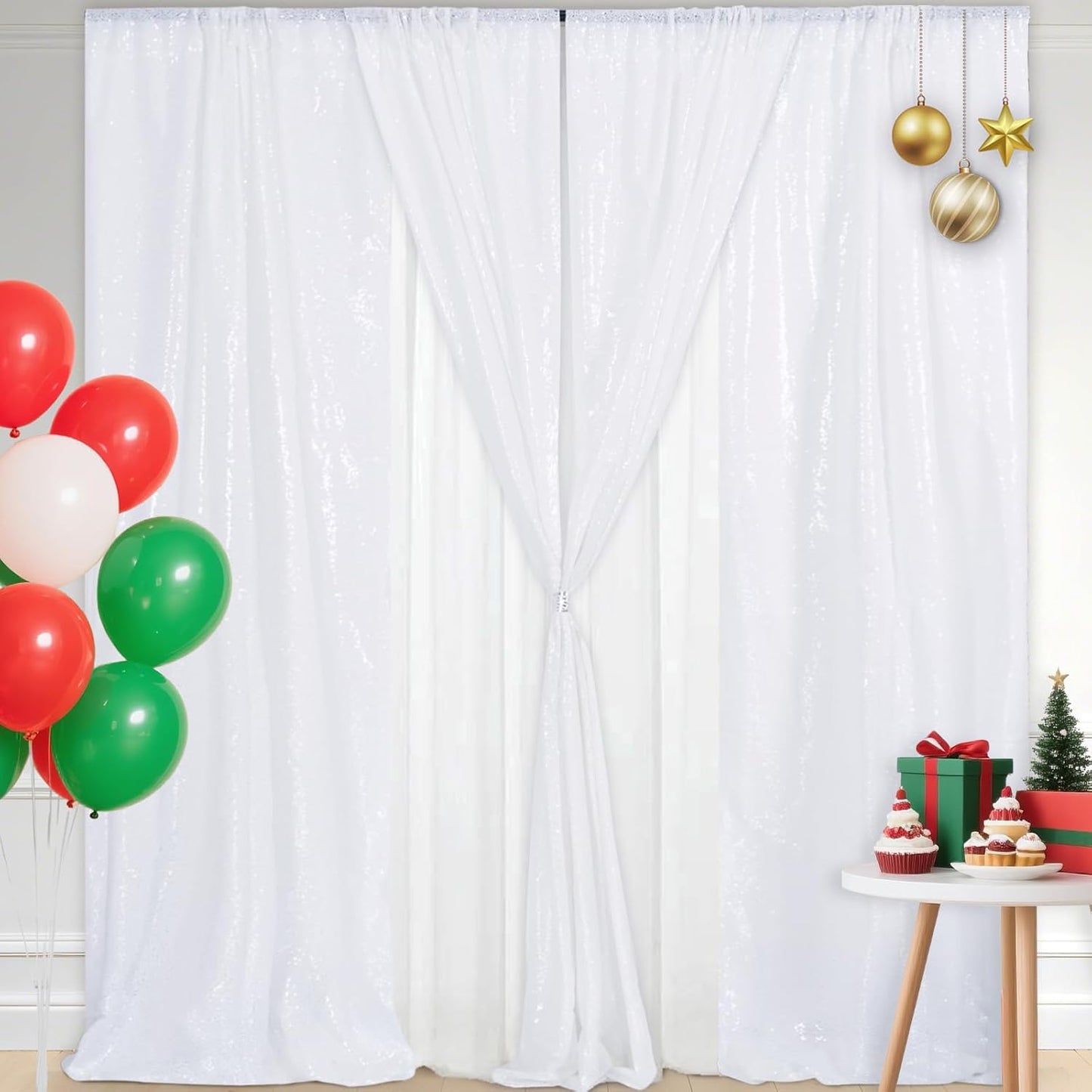 Eternal Beauty 4 PCS Sequin Backdrop Curtain, Sequin Wedding Backdrop for Christmas Party, Birthday (White 2FTx8FT)