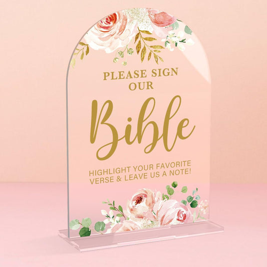 Acrylic Wedding Signs, Bridal Shower Decorations, Modern Calligraphy Arch Acrylic Table Top Sign for Wedding Reception and Engagement Parties - Please Sign Our Bible (Clear Pink Flowers)