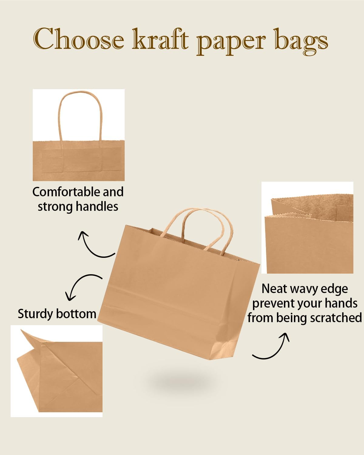 qiqee 13"x4.5"x10" Large Gift Bag with Handles Bulk 100PCS Gift Paper Bags Brown Bags Multiple Uses (Wide Large)