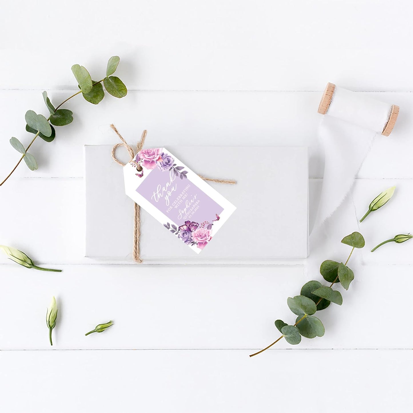 Andaz Press 40-Pack Personalized Quinceañera Favor Tags with String, Lilac Butterflies Custom Classic Thank You Gift Tags for Quince Años XV 15th Birthday Favor Gifts Quinceanera Decorations
