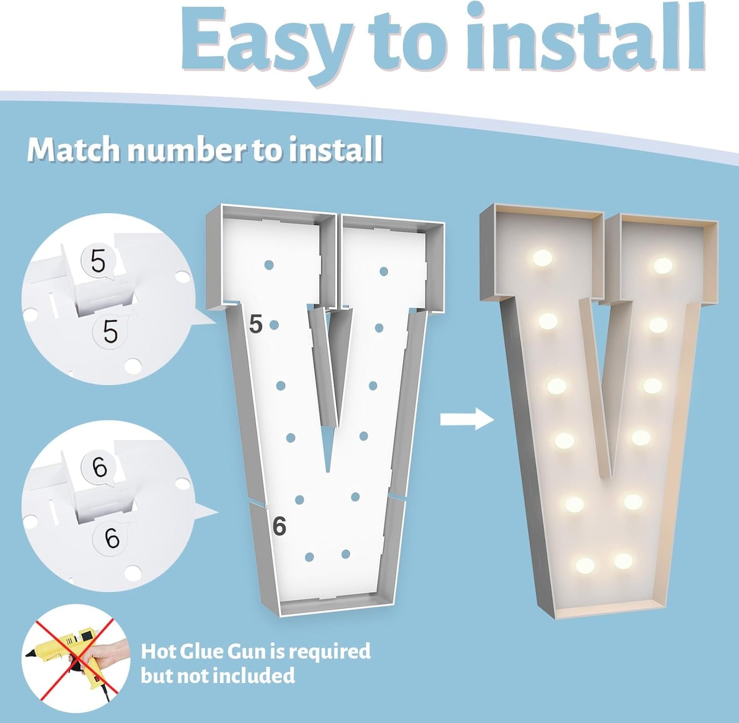 4FT Marquee Light Up Letters V,Party Decoration Large Marquee Light Up Letters with Weighted Water Bag,Pre-cut Foam Board Set Can Be Used for Birthdays,Weddings,Baby Anniversaries