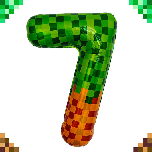Pixel & TNT Theme 40in Giant Number Balloons - Foil Mylar Birthday Party Decorations for Kids Adults Cumpleaños, Block Style Pixel Art Shape Balloon Decor Supplies (Pixel, Number 7)