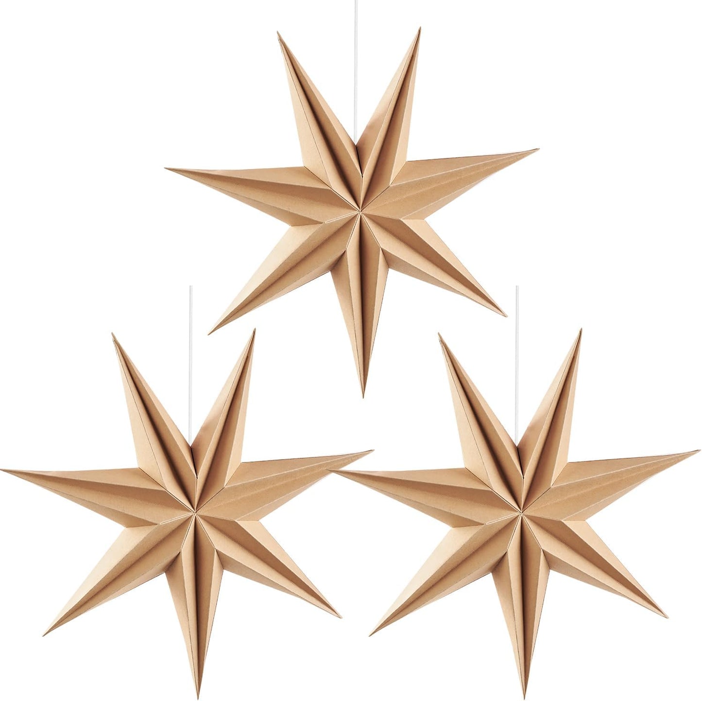 3PCS 12inch 7-Pointed Natural Paper Star Landerns Hanging Decoration Set Festive Holiday Decor Stars Shape Landerne for Christmas Home Deco