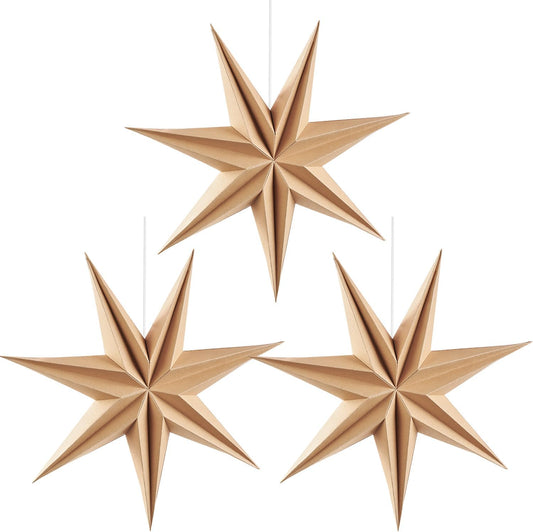 3PCS 12inch 7-Pointed Natural Paper Star Landerns Hanging Decoration Set Festive Holiday Decor Stars Shape Landerne for Christmas Home Deco