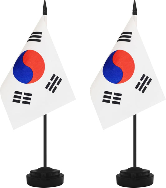 2 Pack Korea Desk Flag Set, Korean Desktop Small Miniature Table Office Flag with 12" Black Pole and Black Base, Offices, Classroom, Home, Festival Decoration (Korea)