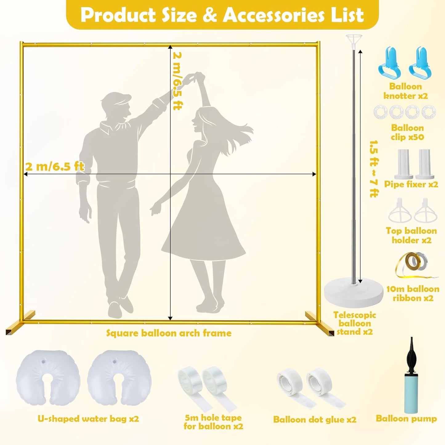 Wedding Arch Backdrop Stand 6.5FT Metal Backdrop Stand with 2 Pcs Adjustable Balloon Column Stand Gold Wedding Arch Frame for Birthday Party Graduation Baby Shower Ceremony Outdoor Supplies Décor