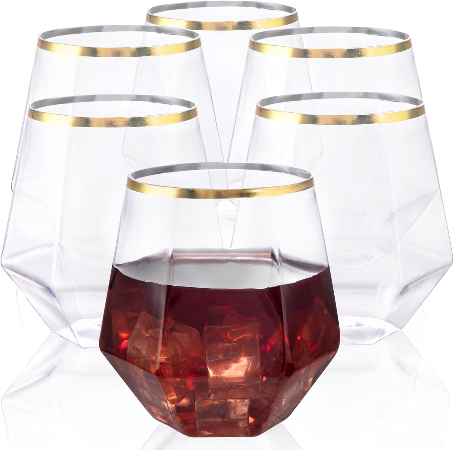 LUODA 32 Pack Gold Plastic Stemless Wine Glasses, 12 Oz Disposable Diamond Shaped Wine Glasses, Clear Plastic Whiskey Glasses with Gold Rim For Serving White Wine