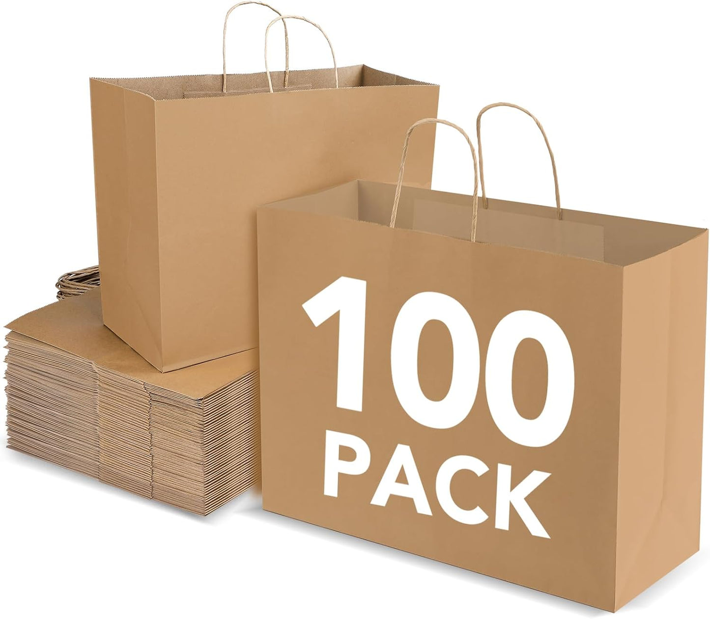 BURVAGY 16x6x12 Inch 100 Pcs Large Kraft Paper Bags with Handles Bulk, Brown Gift Kraft Shopping Bags for Small Business Boutique Retail Grocery