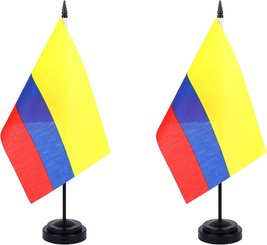 Colombian Desk Flag 12" Solid Pole Deluxe Set Colombiana Flags Banner Mini Small Colombian Office Table Flags with Black Stand Base Desktop Decorations(2Pack)