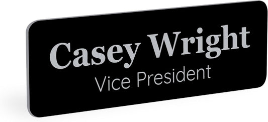 ExcelMark Custom Name Tag - Engraved Name Badge with Pin or Magnetic Backing, 16 Colors, 6 Fonts, and 2 Sizes to Choose from (Black w/Silver Letters, 1"x 3")