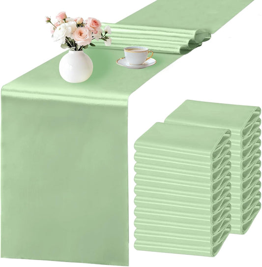 20 Pack Sage Green Satin Table Runner 12x108 Inches Long, Bright Silky Smooth Satin Table Runner Table Decor for Wedding Banquet Christmas Prom Event Birthday Party