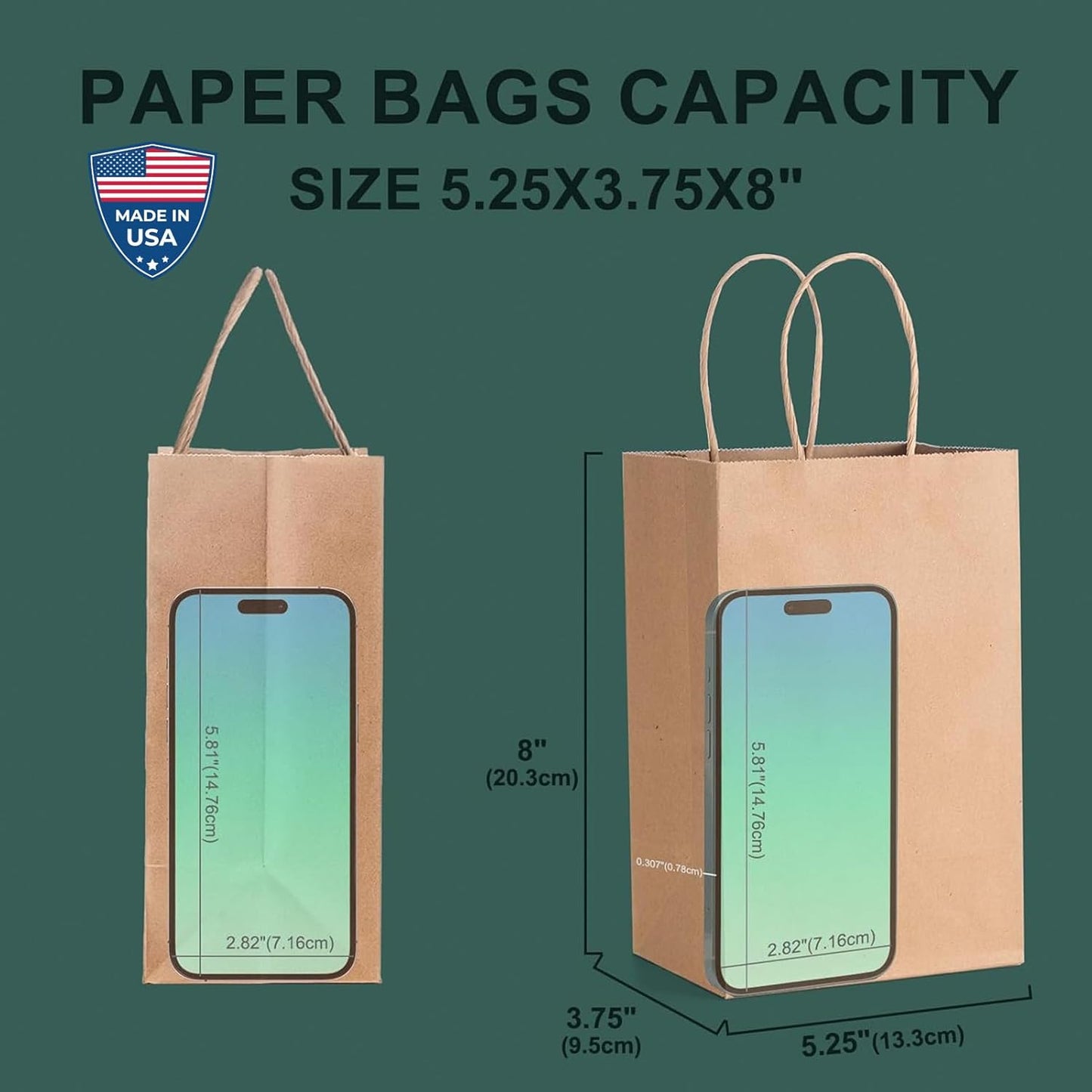 METRONIC Brown Paper Bags with Handles Bulk 5.25x3.75x8'' 100 Pcs Kraft Gift Bags for Small Business, Birthday, Wedding, Party Favors, Christmas, Retail Shopping, Made in USA