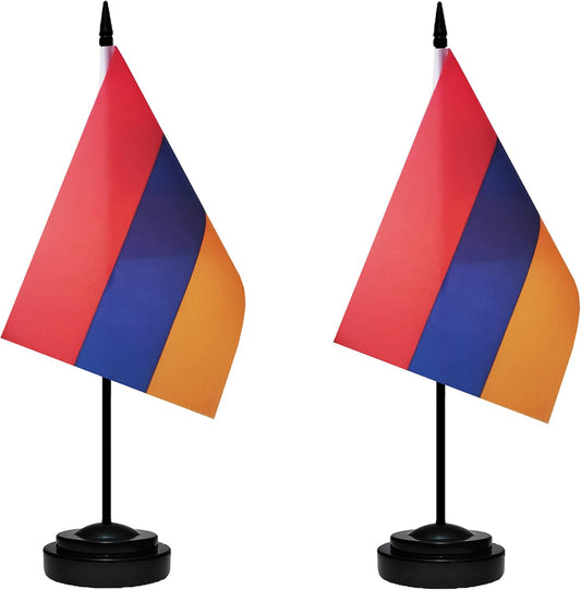 Armenia Armenian Deluxe Desk Flag Set Small Mini Miniature Armenia Armenian Table Desktop Flags With Solid Pole, Black Base and Spear Top(2 Pack)