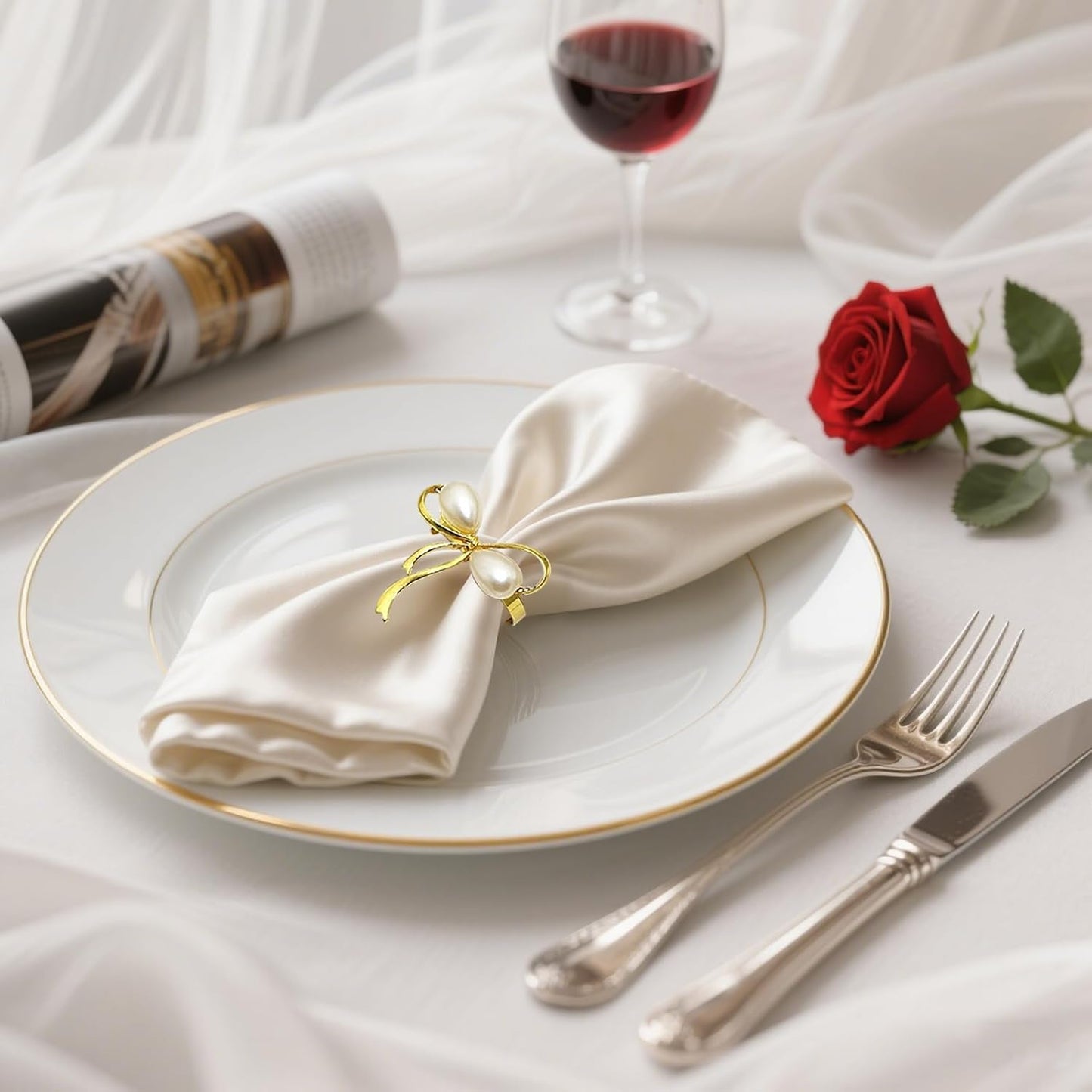 Gold Napkin Rings Set of 8 Pearl Bow Napkin Rings for Napkins,Rustic Napkin Ring Holders, Butterfly Knot Napkin Holders for Cloth Napkins,Christmas Bow Tie Napkin Ring for Dining Table Decor