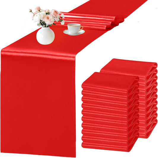 SHEJIZE 20 Pack Red Satin Table Runner 12x108 Inches Long, Bright Silky Smooth Satin Table Runner Table Decor for Wedding Banquet Christmas Prom Event Birthday Party