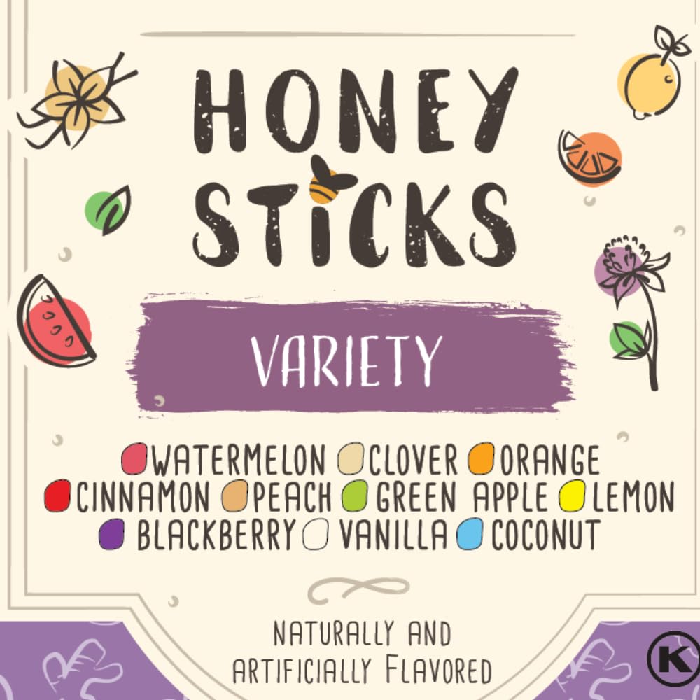 The Honey Jar Variety Pack Honey Sticks - Pure Honey Straws For Tea, Coffee, or a Healthy Treat - One Teaspoon of Flavored Honey Per Stick - Made In The USA with Real Honey - (50 Count)