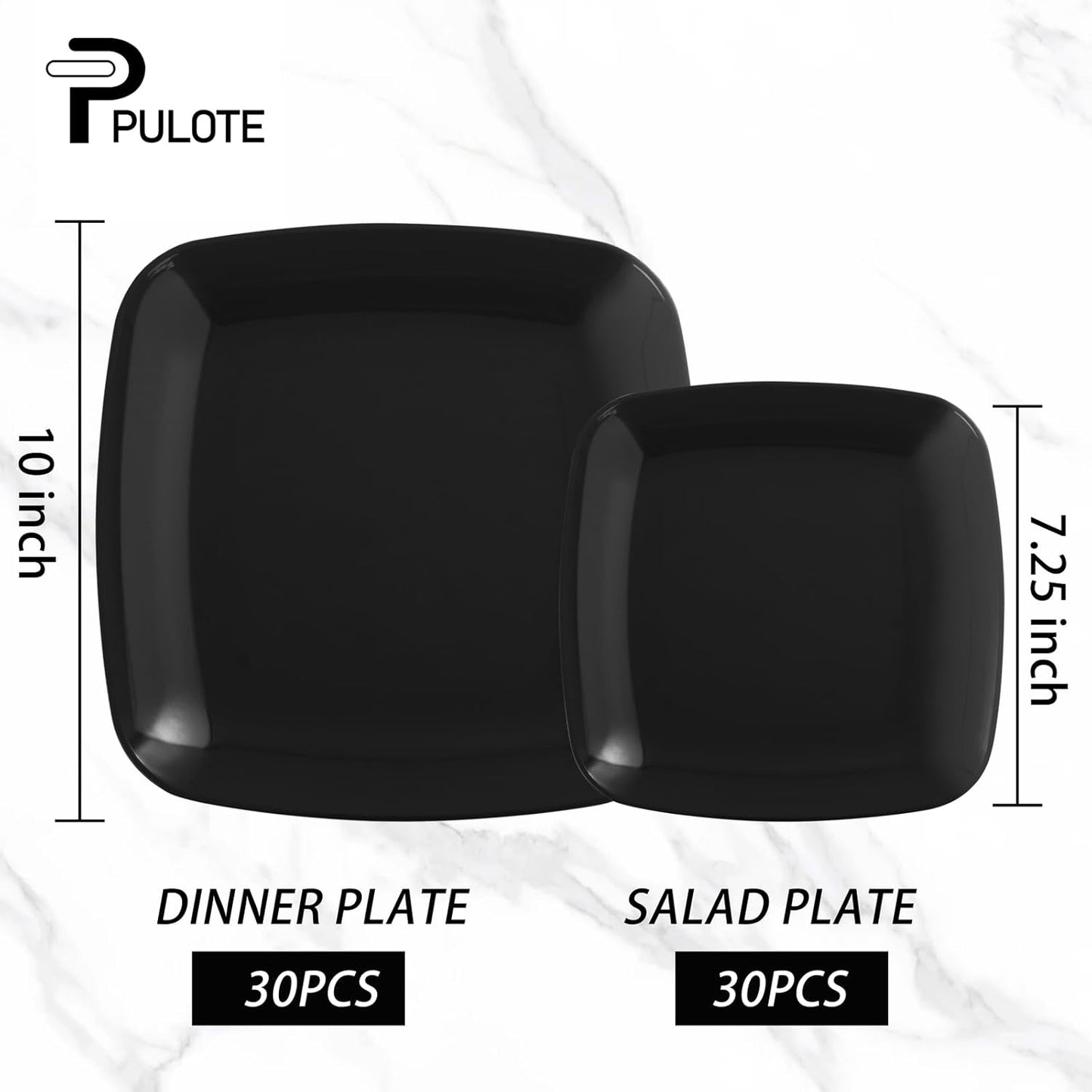 PULOTE 60PCS Black Square Plastic Plates Disposable - Include 30 Dinner and 30 Dessert Plates,Ideal for Party&Halloween