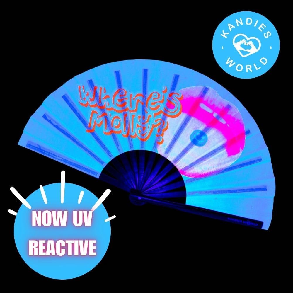 Kandies World UV Reactive Custom Festival Folding Hand Fan - Unique Designs, Made of Bamboo, Clacking Sound, Lightweight - Perfect Rave and Festival Accessory!