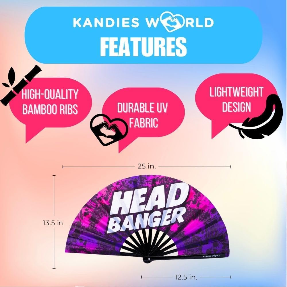Kandies World Custom Festival Folding Hand Fan - Unique Designs, Made of Bamboo, Clacking Sound, Lightweight - Perfect Rave and Festival Accessory!