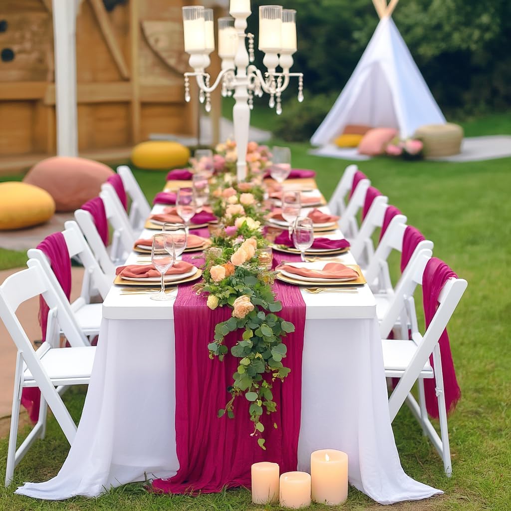 6 Pack Hot Pink Cheesecloth Table Runner Summer Sheer Fuschia Cheese Cloth Table Runner Boho Gauze 120 Inches Summer Table Decorations for Weddings Bridal Baby Shower Birthday Parties