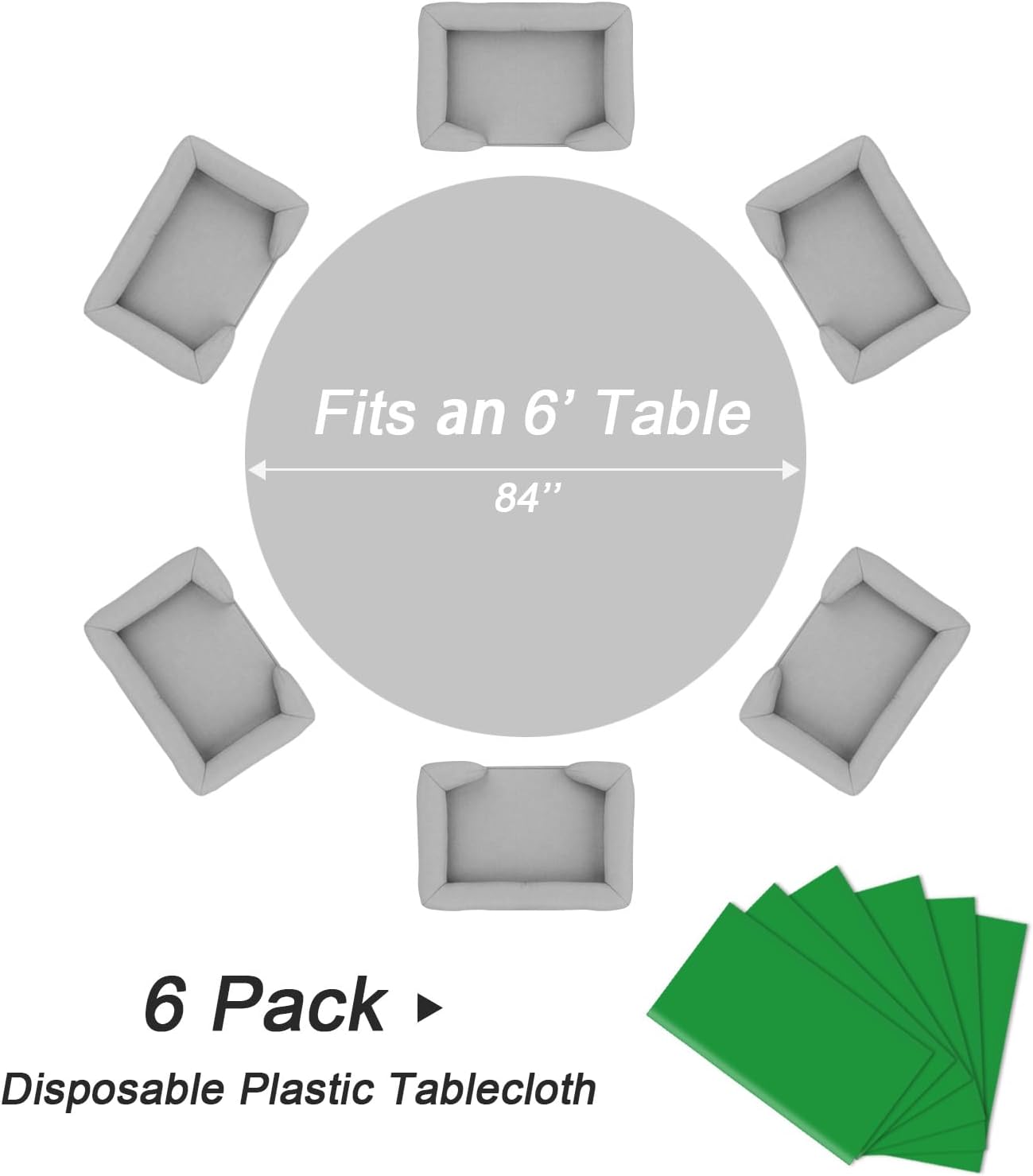 QIKSION Green Round Tablecloth 6 Pack, 84 Inch Plastic Table Cover Disposable for Parties