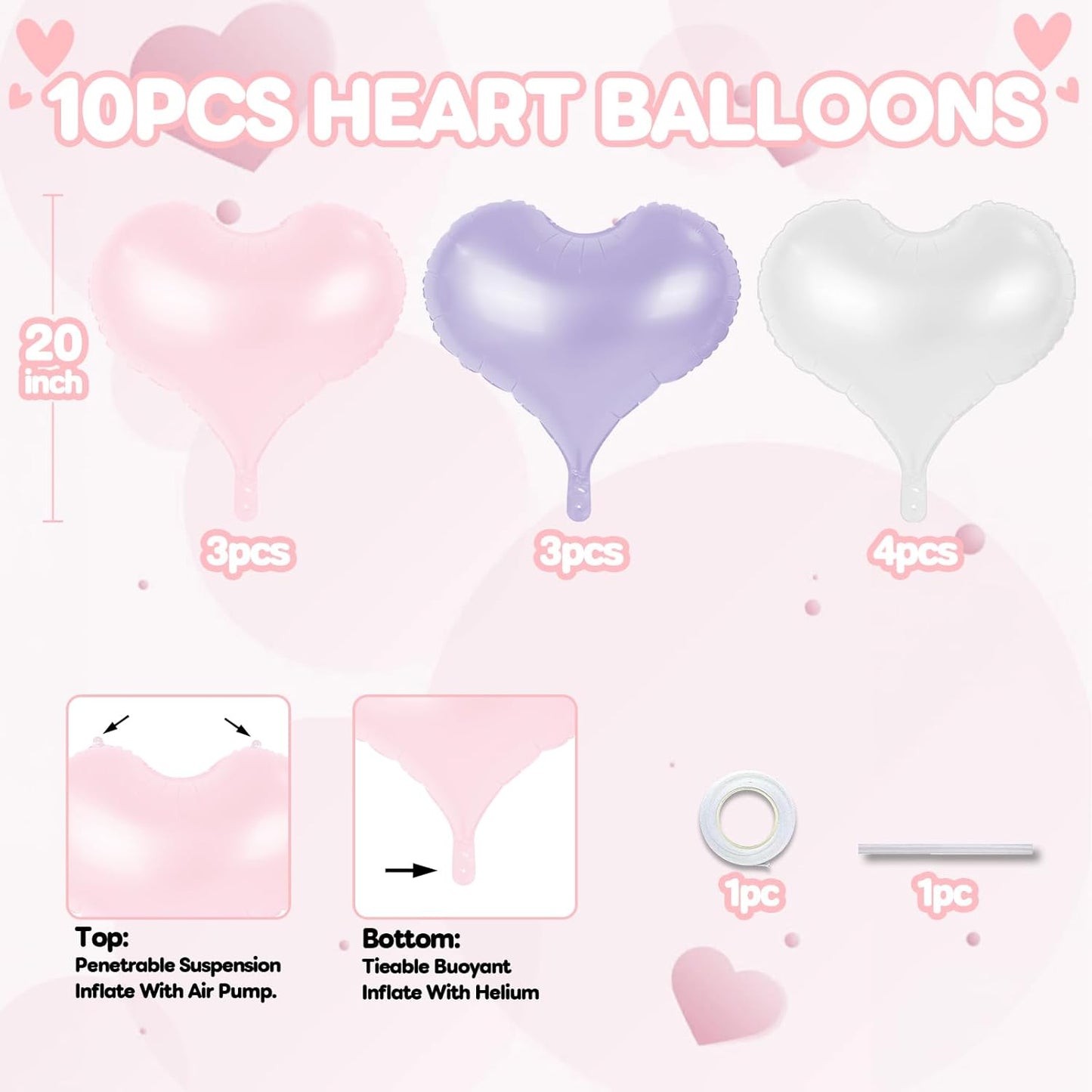 20 Inch Pink Purple White Heart Balloons, 10 Pcs Baby Pink Heart Shaped Foil Balloons, Purple and White Helium Balloon for Girls Women Valentine Bridal Shower Wedding Birthday Party Decorations