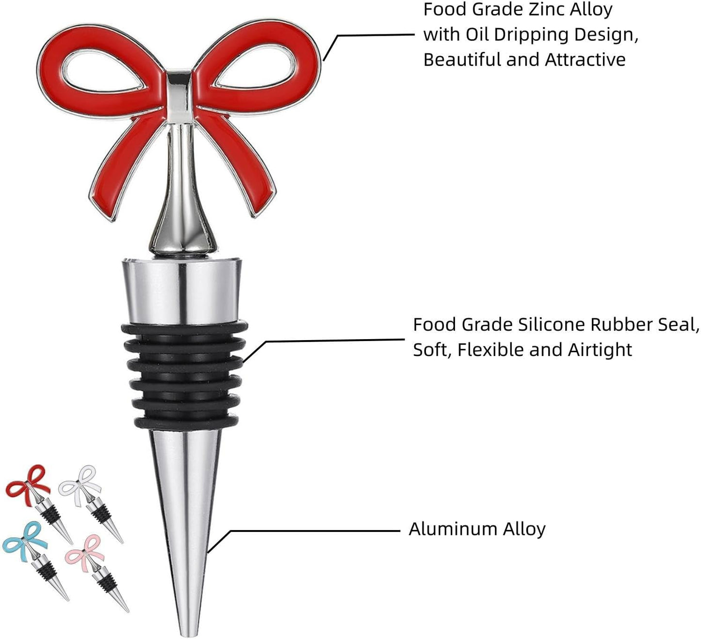 Cute Bow Wine Stopper Set of 4, Decorative Removable Metal Wine Bottle Stopper, Reusable Vacuum Bottle Corks with Silicone for Women, Gift, Christmas, Holiday Party - Silver