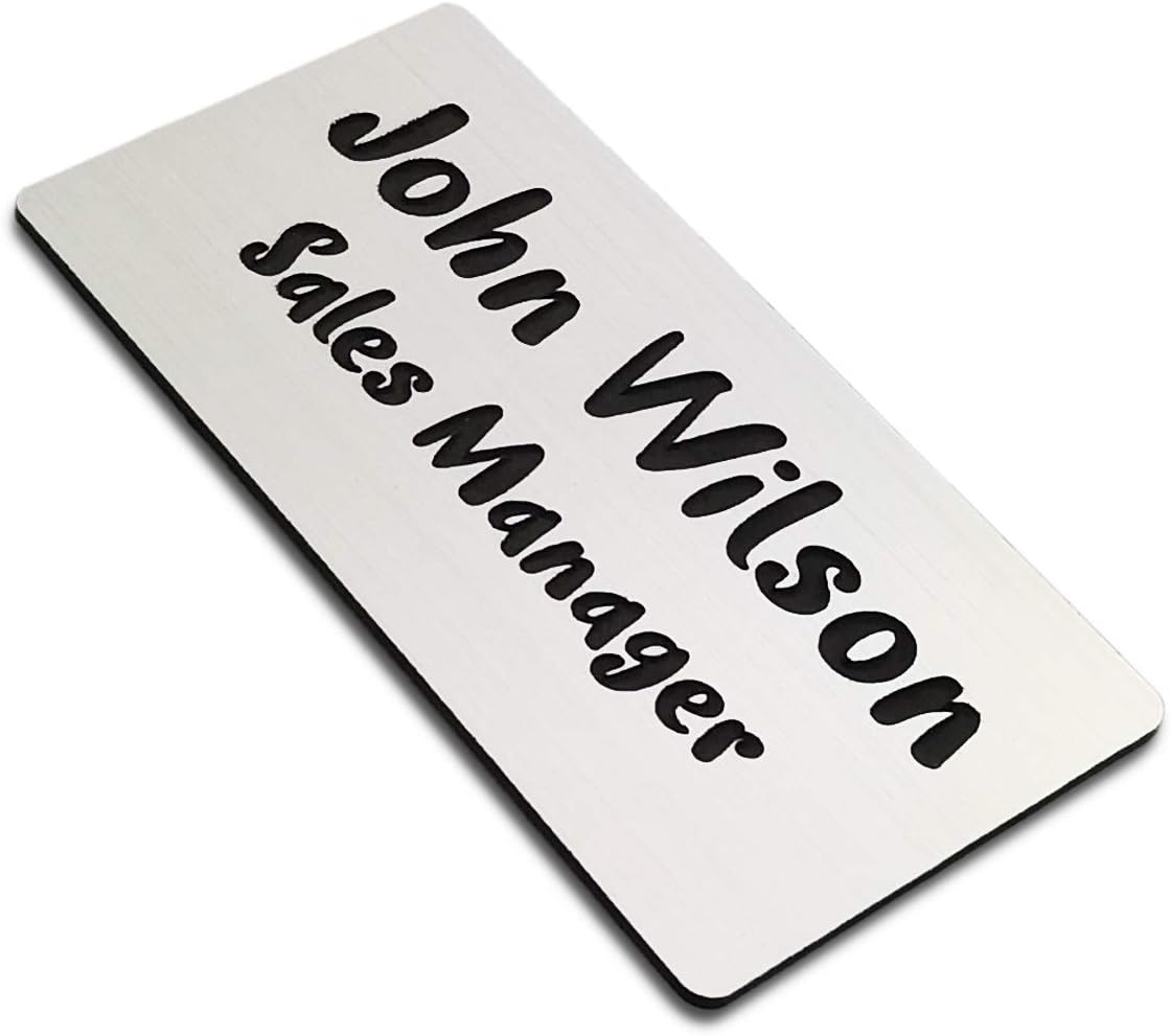 SINYUDUN Custom Engraved Name Tag Badges, Personalized Identification with Pin, Magnetic, Adhesive, or Blank Backing, 1.5"x3", Silver Text