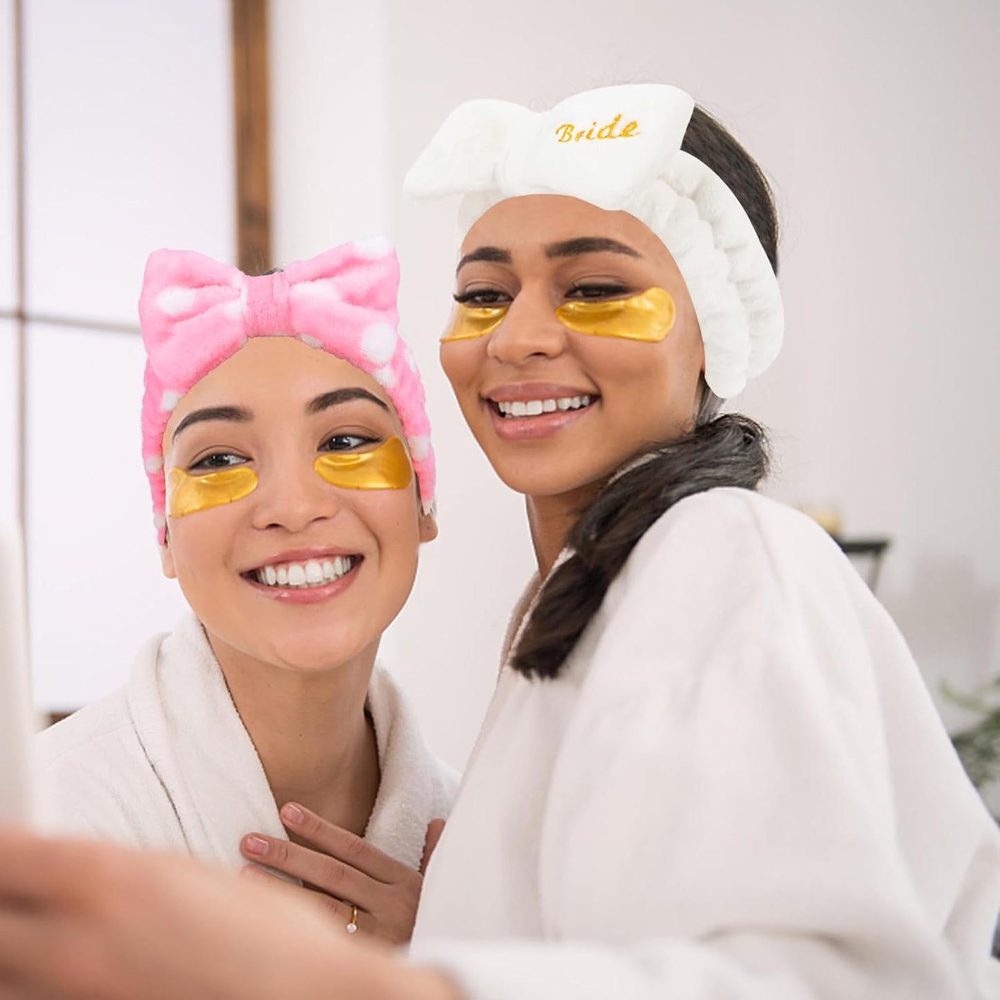 Semato Bachelorette Party Favor Set - Bride & Bridesmaid Spa Headbands with Cute Bows (1 Bride + 7 Pink Dot)