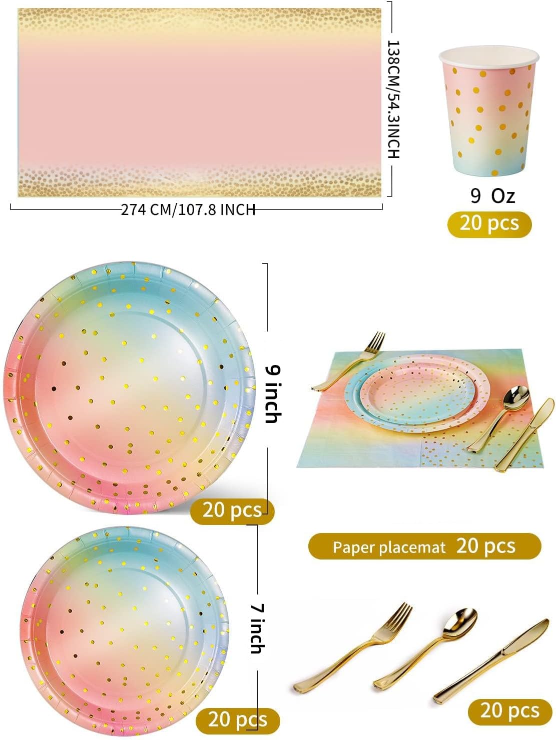 141 Pieces Rainbow Gold Party Supplies, Party Dinnerware Sets Include Paper Plates Napkins Cups Silverware, for Wedding Bridal Shower Engagement Birthday Parties Decoration -20 Serves